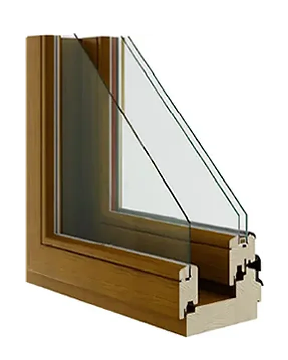Technical section of a double wooden window with outer and inner sash